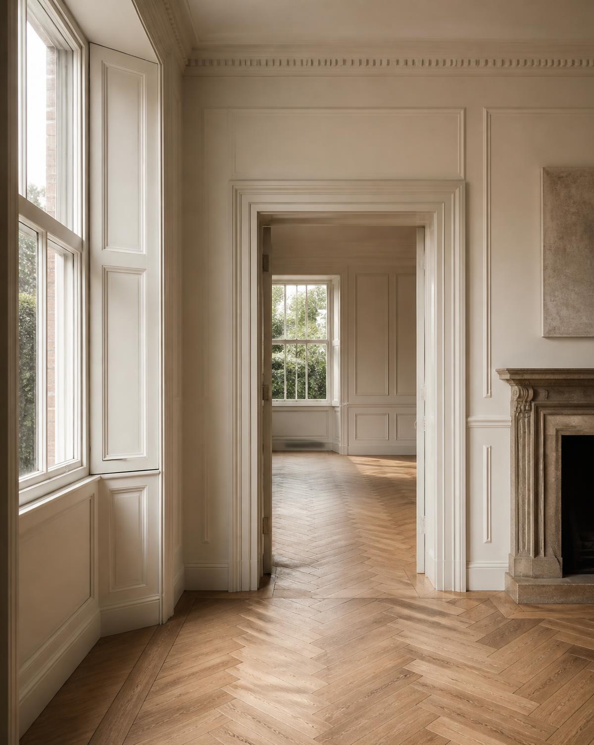 Panelled reception room in a period London townhouse with herringbone flooring